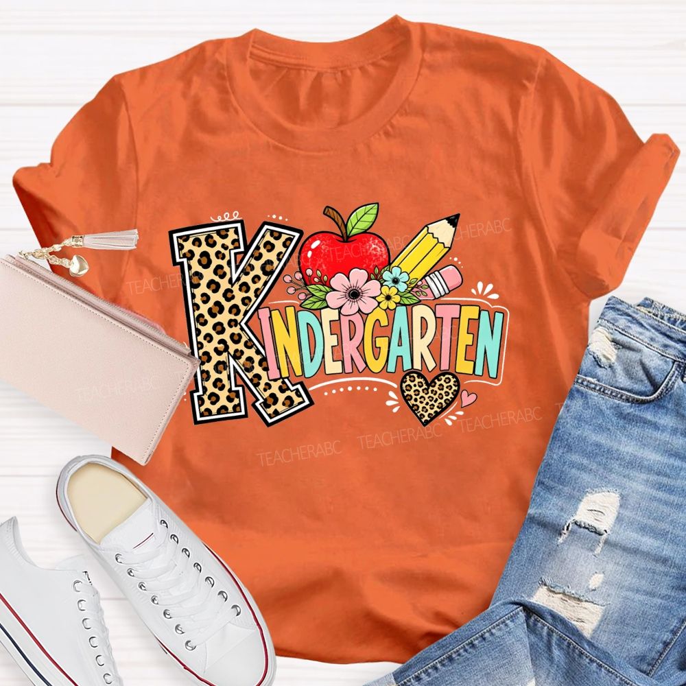 Personalized Grade Kindergarten Leopard Print And Apple Flower Teacher T-shirt