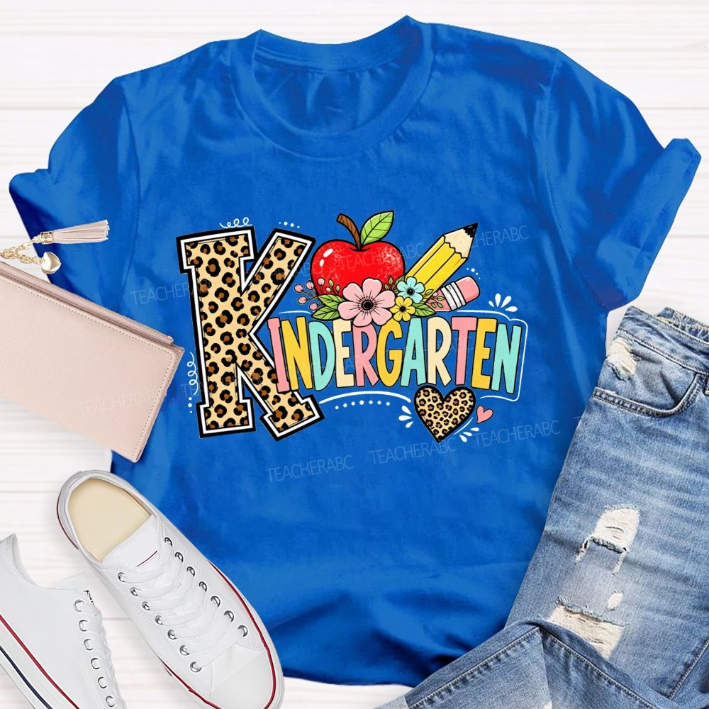 Personalized Grade Kindergarten Leopard Print And Apple Flower Teacher T-shirt