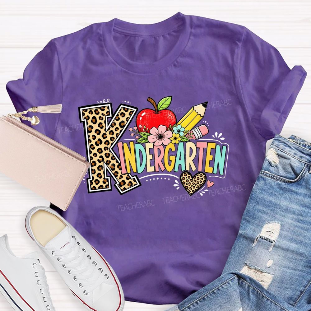Personalized Grade Kindergarten Leopard Print And Apple Flower Teacher T-shirt