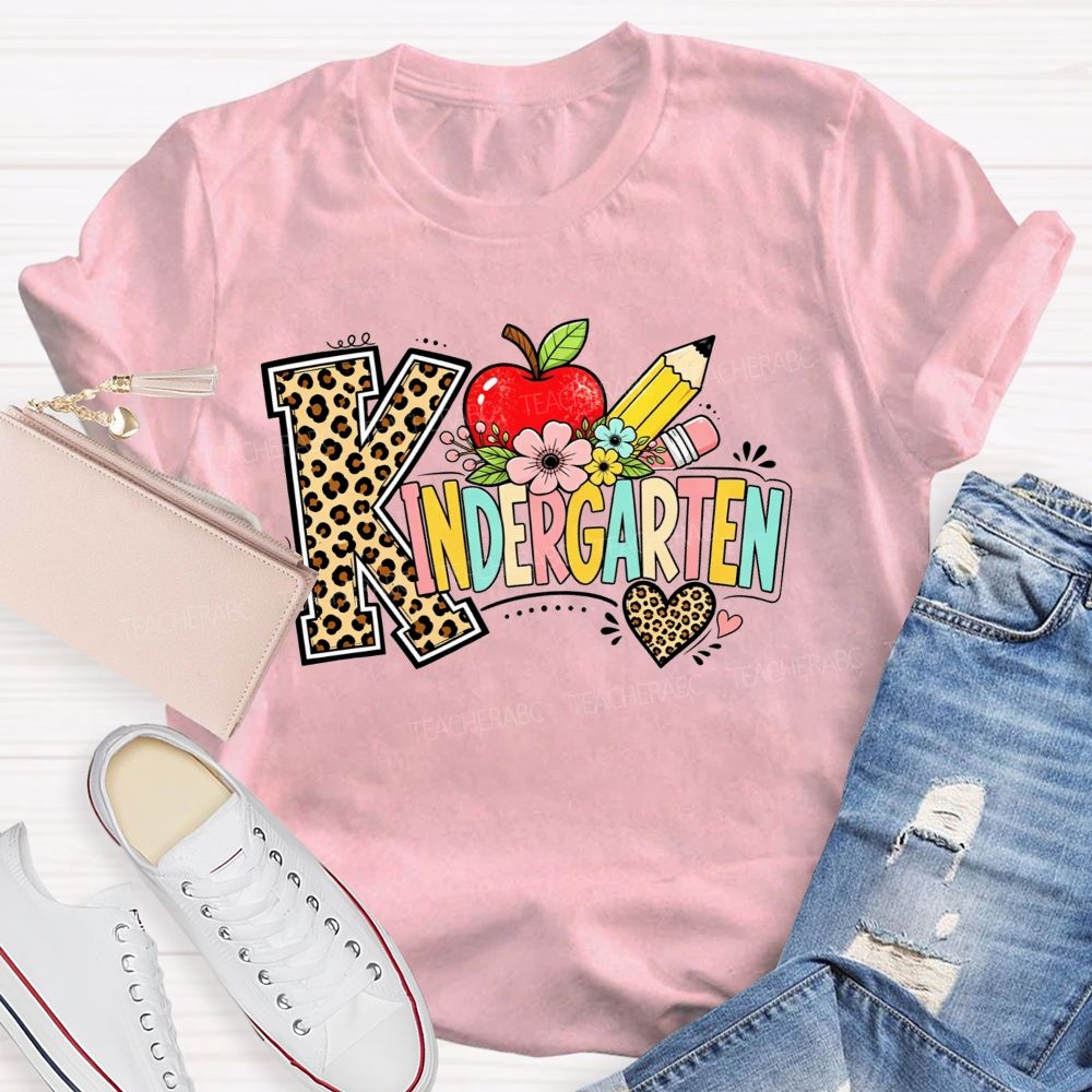 Personalized Grade Kindergarten Leopard Print And Apple Flower Teacher T-shirt