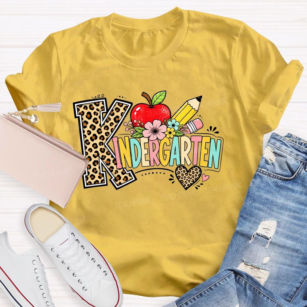 Personalized Grade Kindergarten Leopard Print And Apple Flower Teacher T-shirt