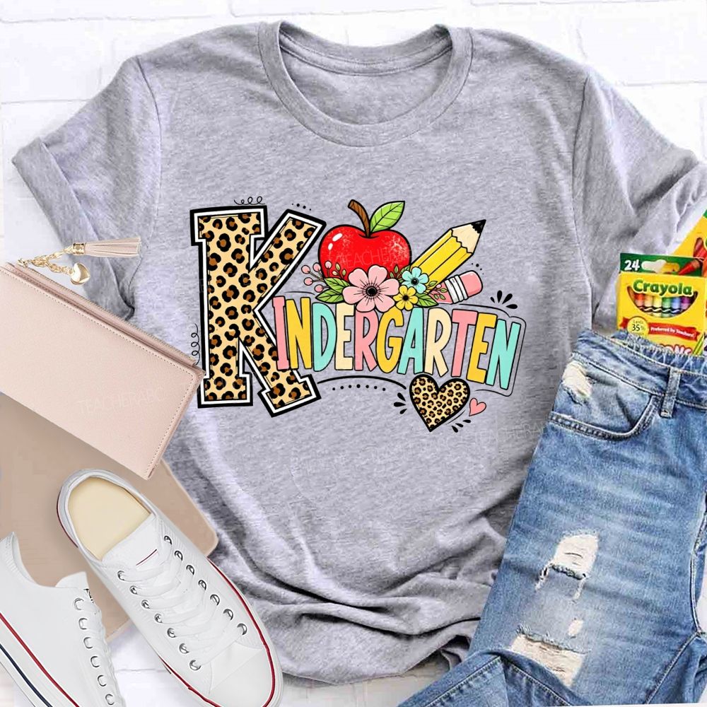 Personalized Grade Kindergarten Leopard Print And Apple Flower Teacher T-shirt