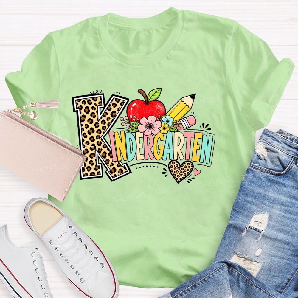 Personalized Grade Kindergarten Leopard Print And Apple Flower Teacher T-shirt