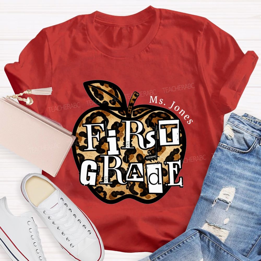 Personalized Name And Grade Teacher Leopard Apple Teacher T-shirt