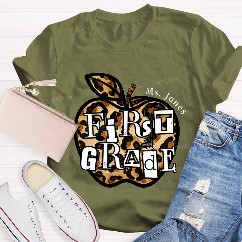 Personalized Name And Grade Teacher Leopard Apple Teacher T-shirt