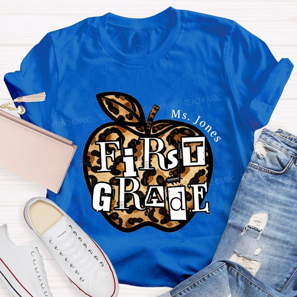 Personalized Name And Grade Teacher Leopard Apple Teacher T-shirt