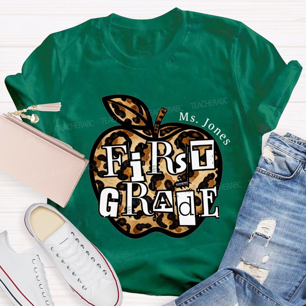 Personalized Name And Grade Teacher Leopard Apple Teacher T-shirt