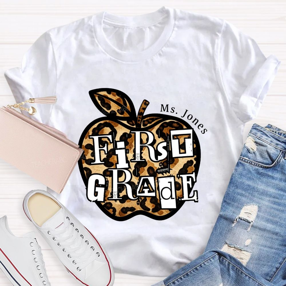 Personalized Name And Grade Teacher Leopard Apple Teacher T-shirt