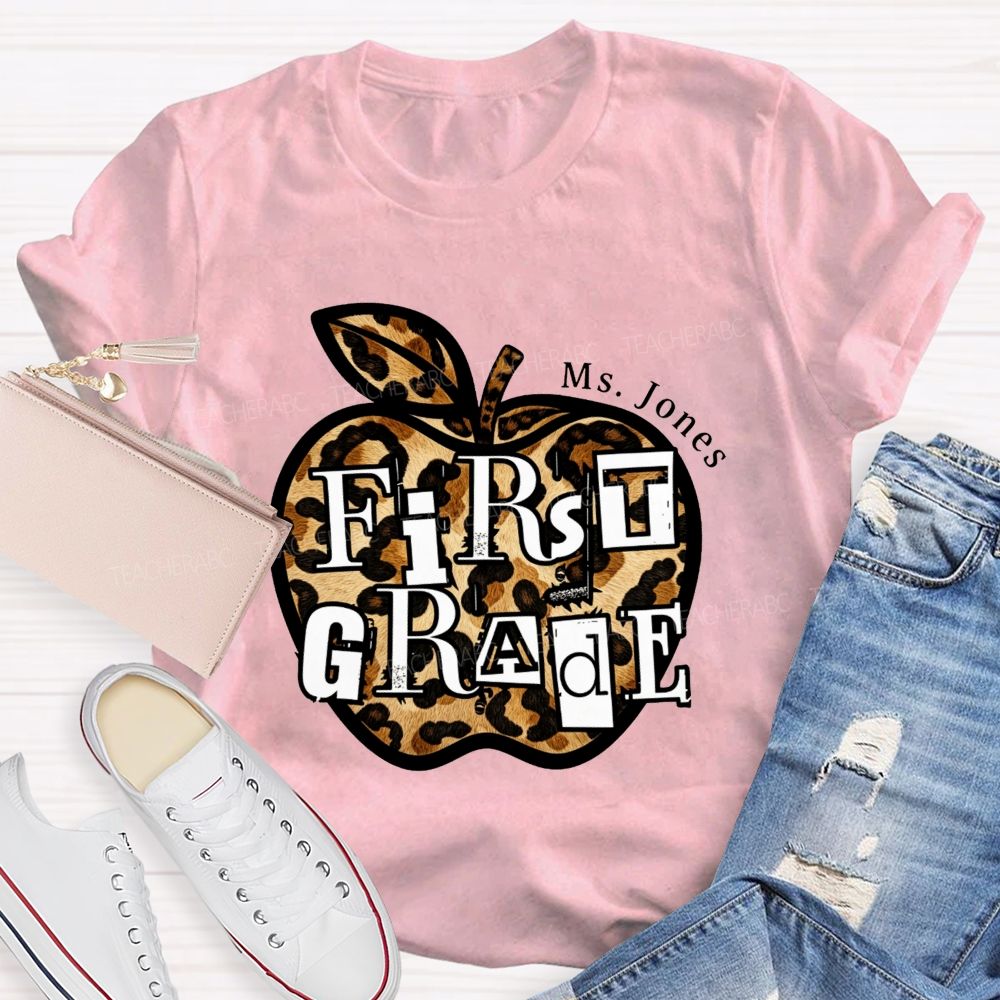 Personalized Name And Grade Teacher Leopard Apple Teacher T-shirt