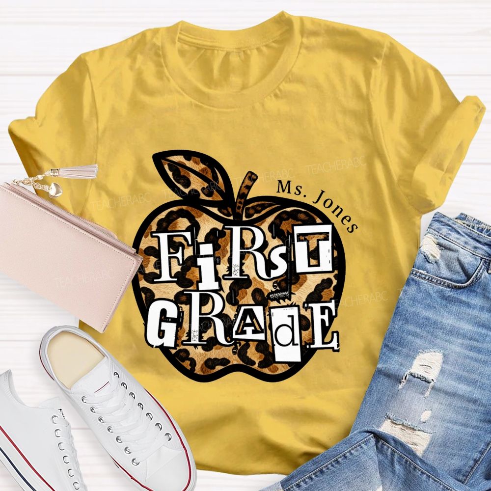 Personalized Name And Grade Teacher Leopard Apple Teacher T-shirt