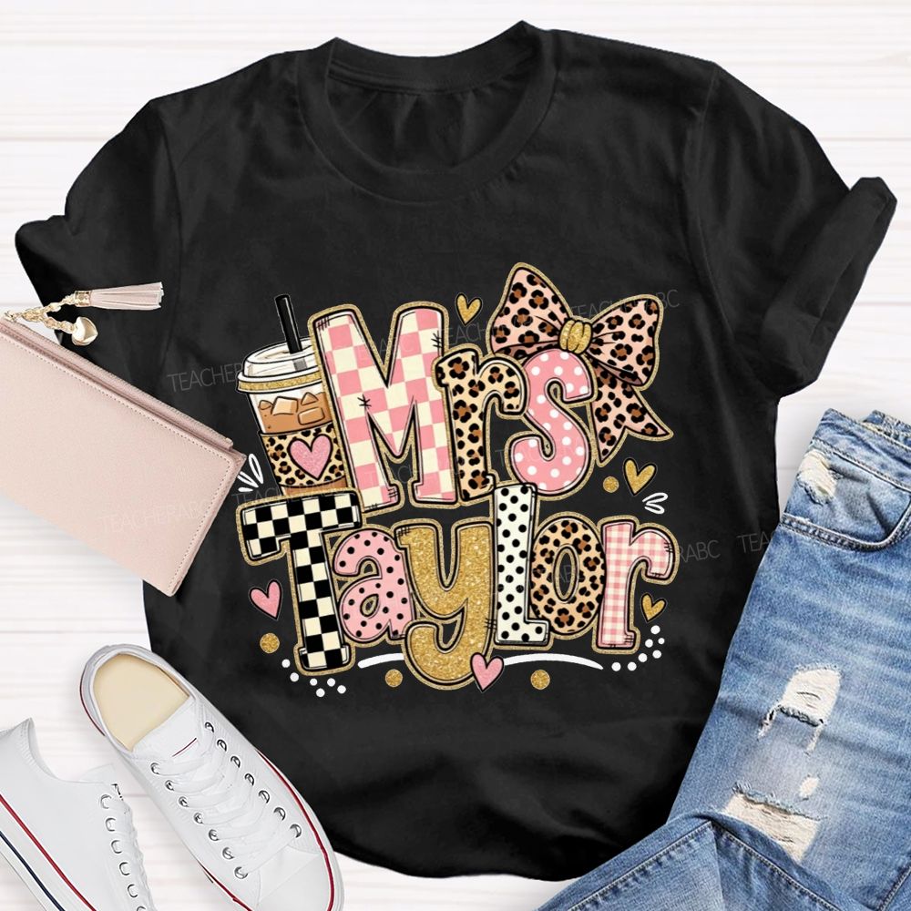 Personalized Name Teacher Pink Check Leopard Bow Iced Coffee Teacher T-shirt