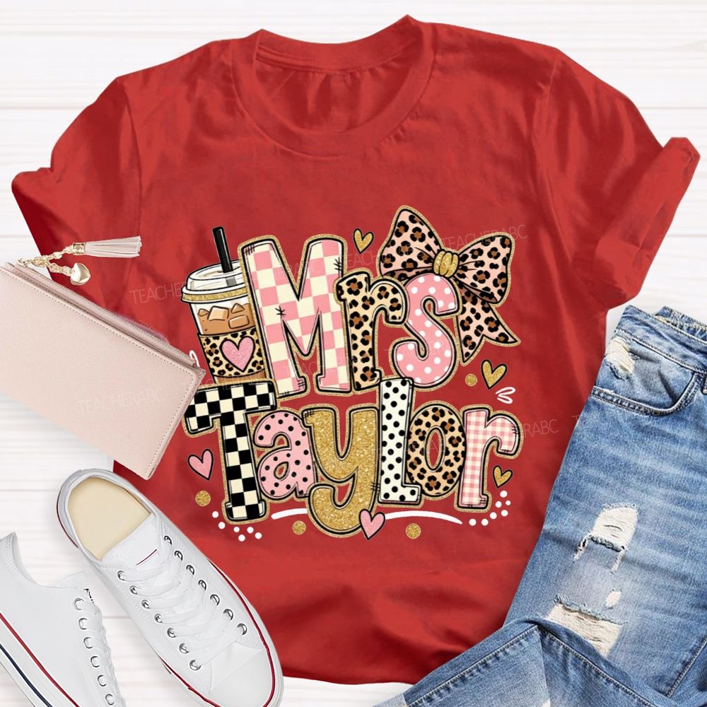 Personalized Name Teacher Pink Check Leopard Bow Iced Coffee Teacher T-shirt