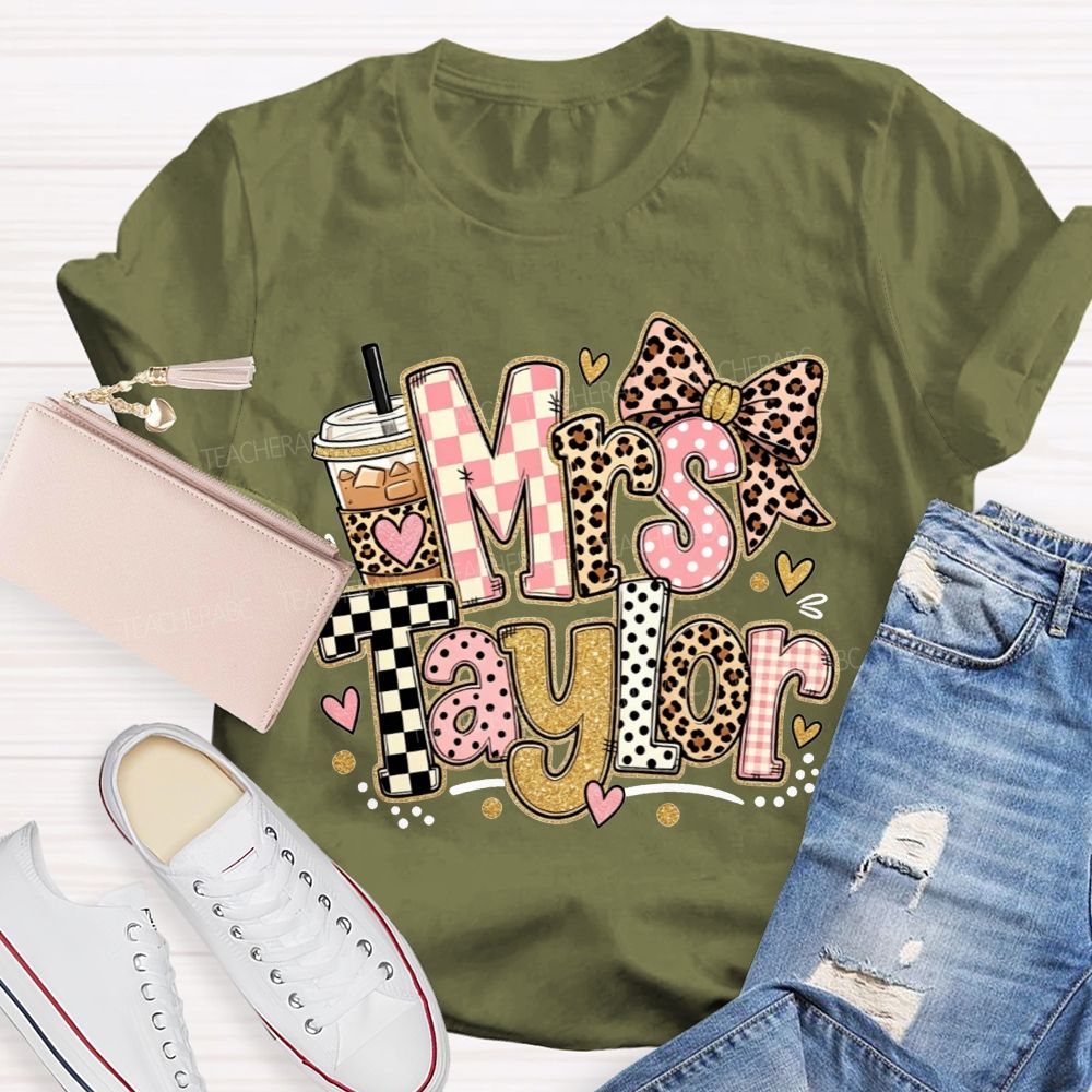 Personalized Name Teacher Pink Check Leopard Bow Iced Coffee Teacher T-shirt