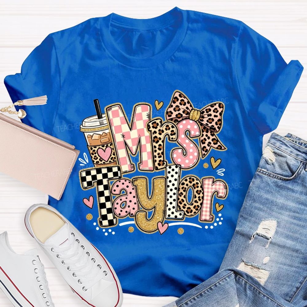 Personalized Name Teacher Pink Check Leopard Bow Iced Coffee Teacher T-shirt