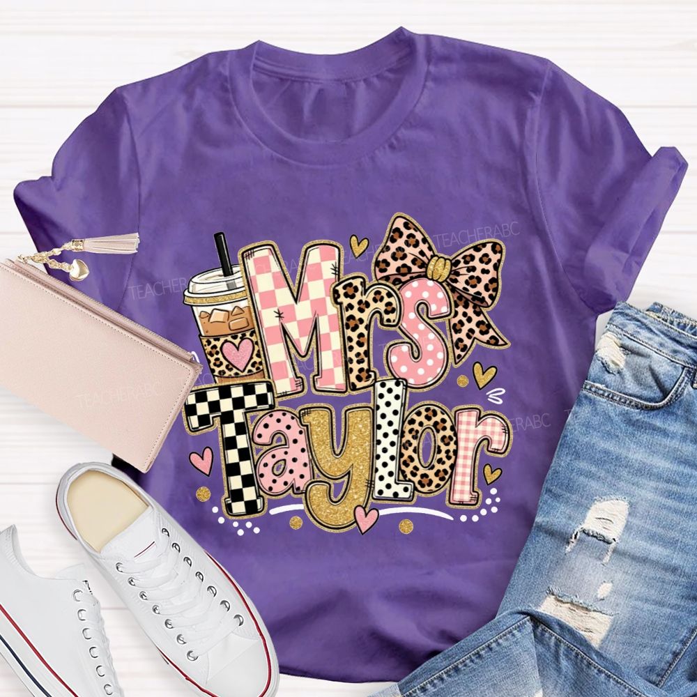 Personalized Name Teacher Pink Check Leopard Bow Iced Coffee Teacher T-shirt