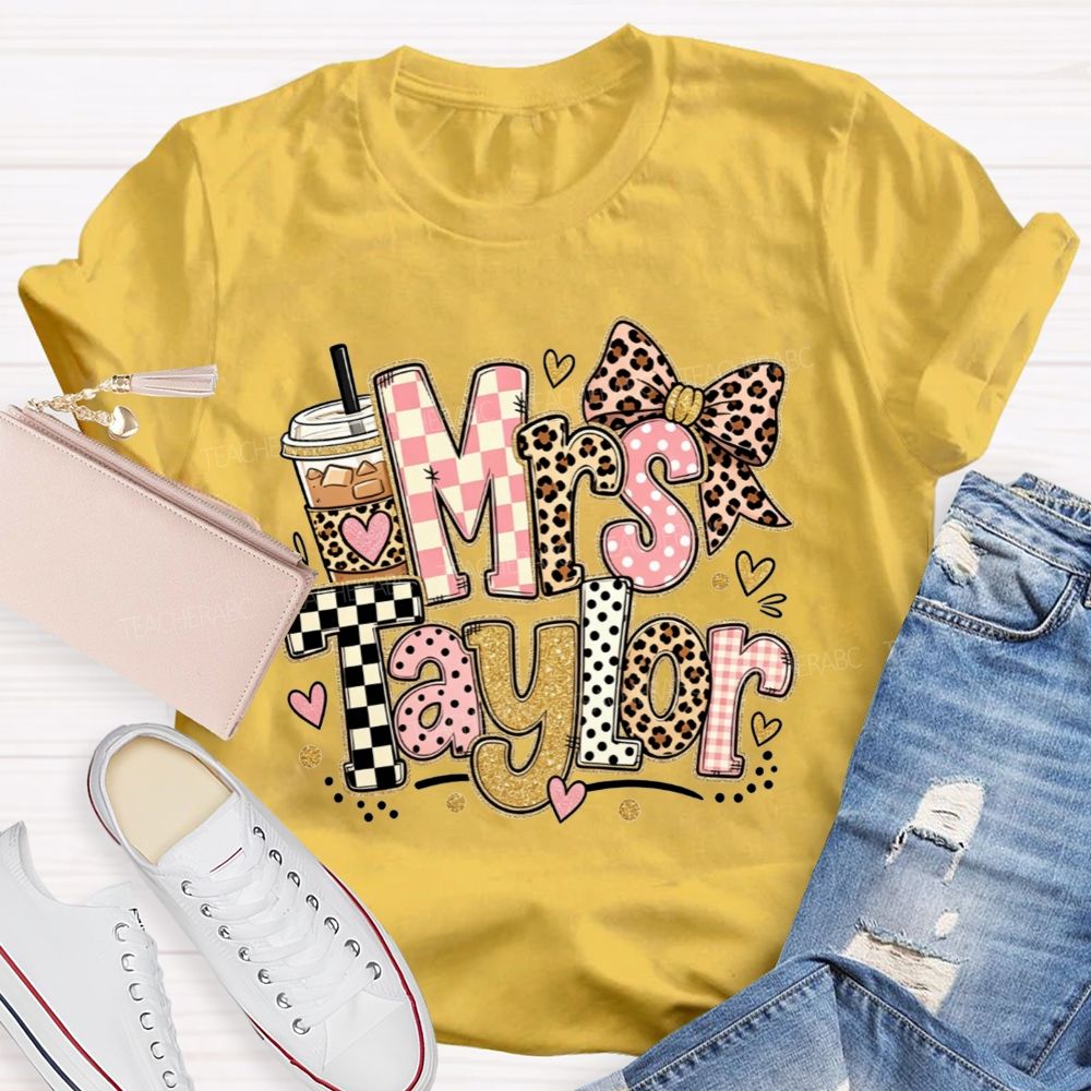 Personalized Name Teacher Pink Check Leopard Bow Iced Coffee Teacher T-shirt