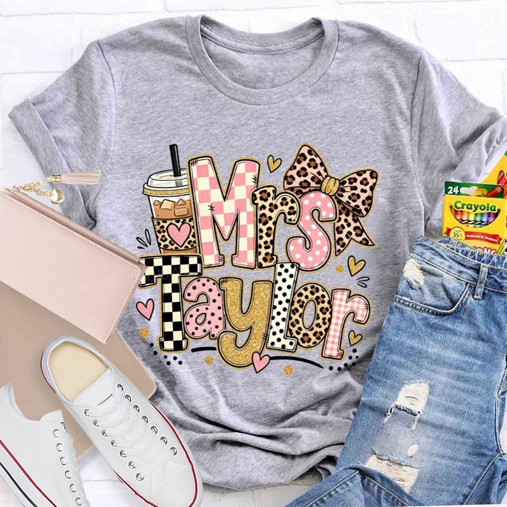Personalized Name Teacher Pink Check Leopard Bow Iced Coffee Teacher T-shirt