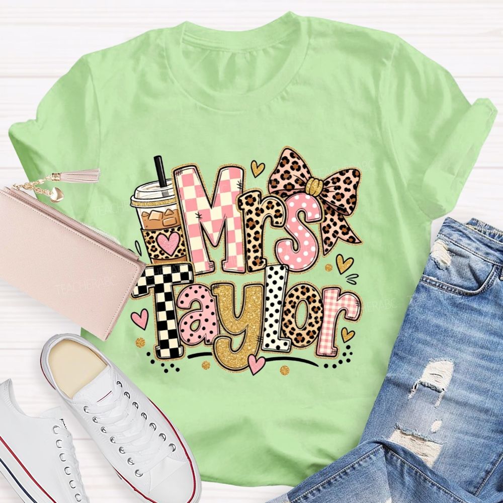 Personalized Name Teacher Pink Check Leopard Bow Iced Coffee Teacher T-shirt