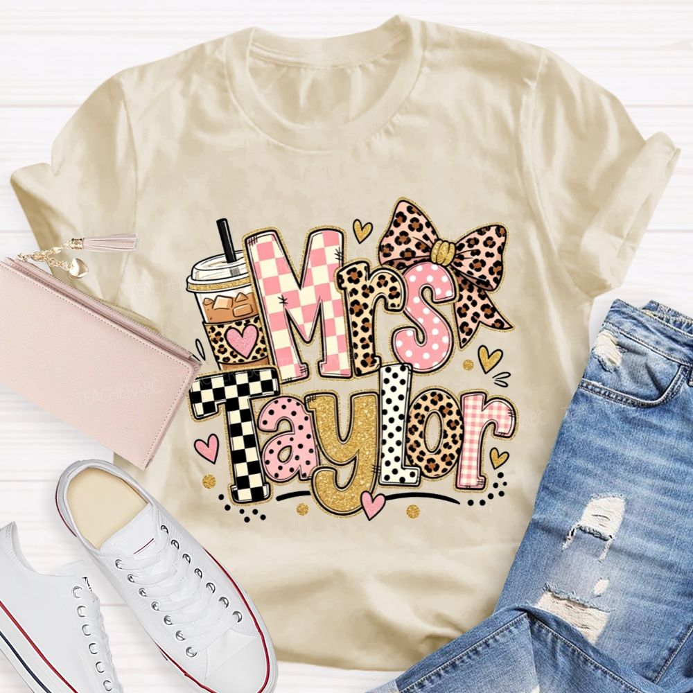 Personalized Name Teacher Pink Check Leopard Bow Iced Coffee Teacher T-shirt