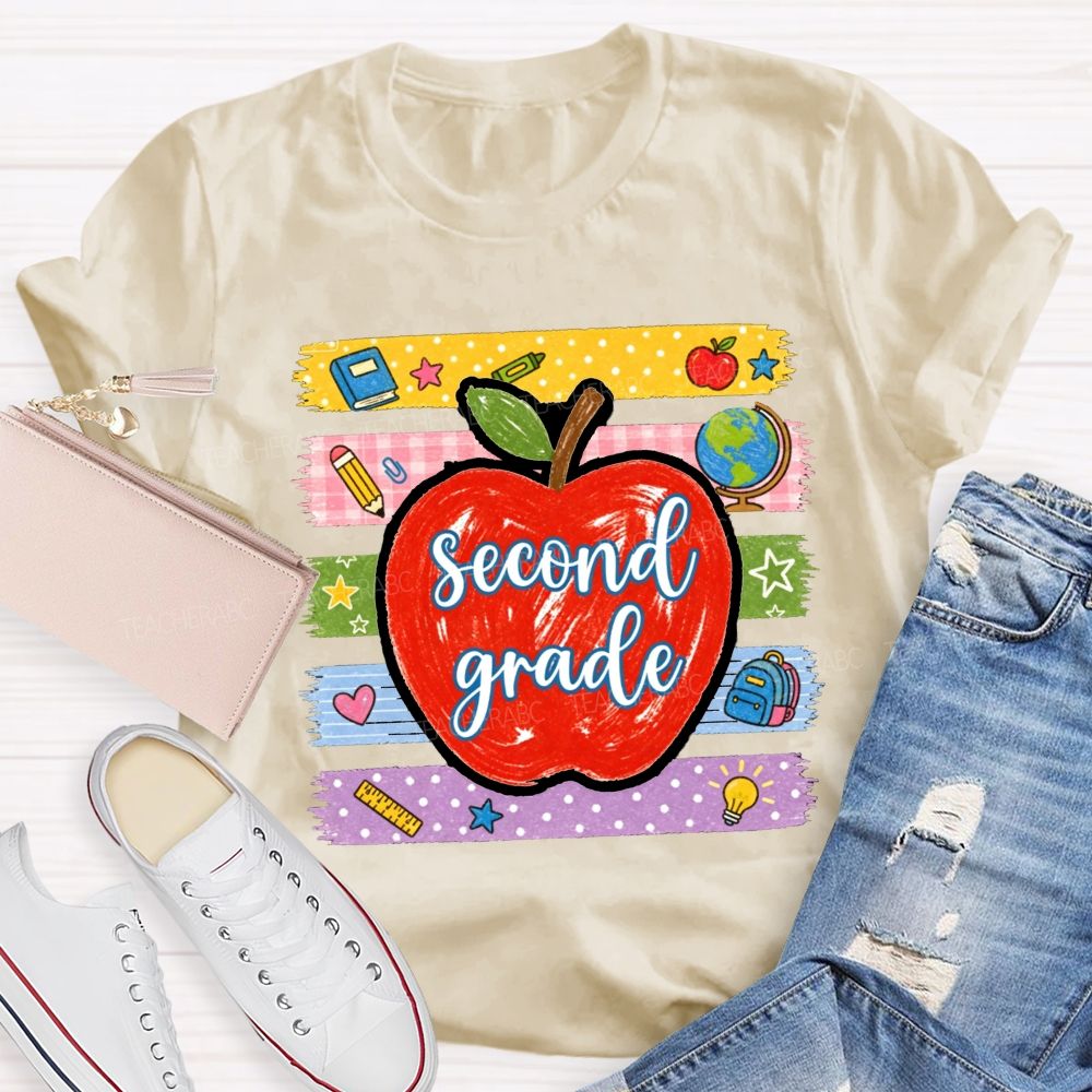 Personalized Grade Red Apple Washi Tape School Supplies Teacher T-shirt