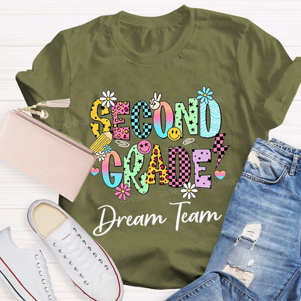 Personalized Grade Dream Team Daisy Smiley Face Second Grade Teacher T-shirt