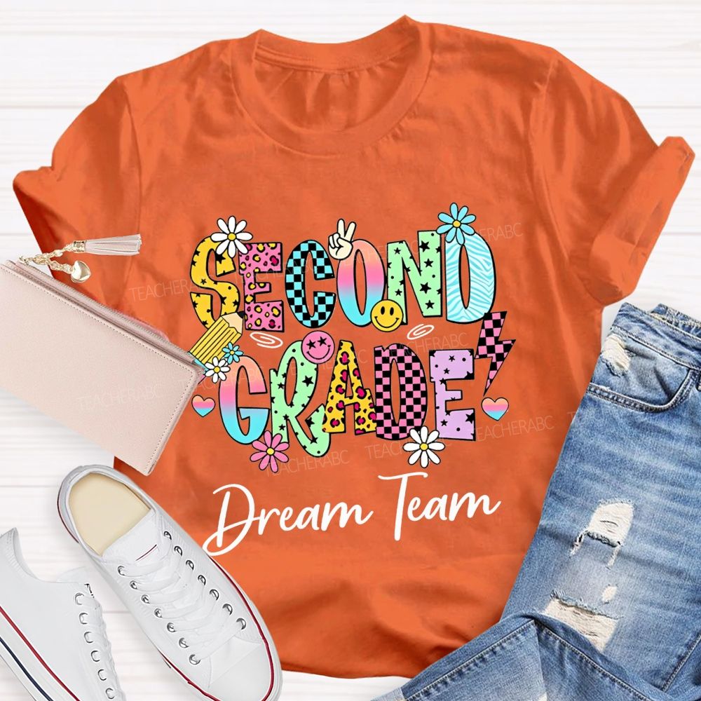 Personalized Grade Dream Team Daisy Smiley Face Second Grade Teacher T-shirt