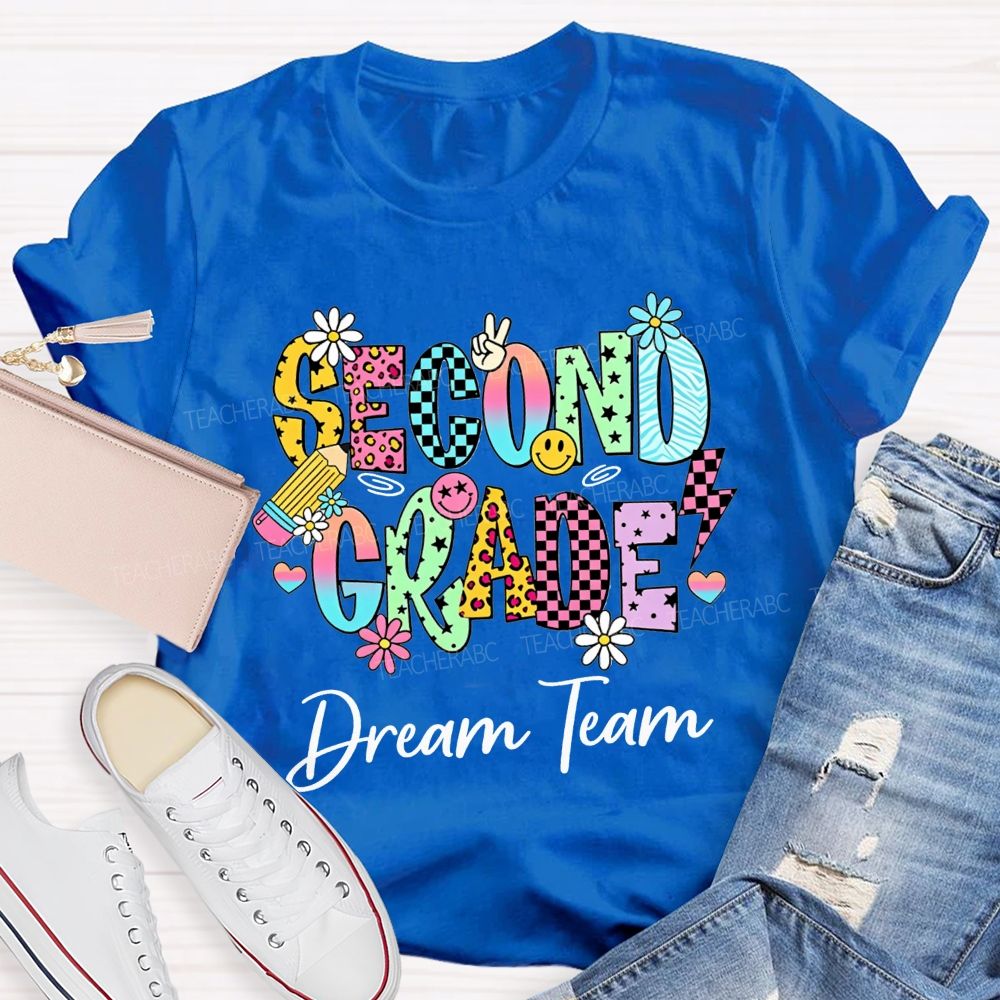 Personalized Grade Dream Team Daisy Smiley Face Second Grade Teacher T-shirt