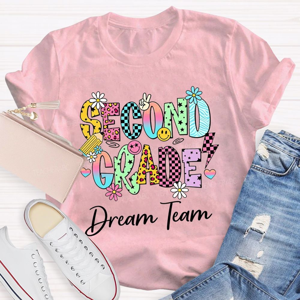 Personalized Grade Dream Team Daisy Smiley Face Second Grade Teacher T-shirt
