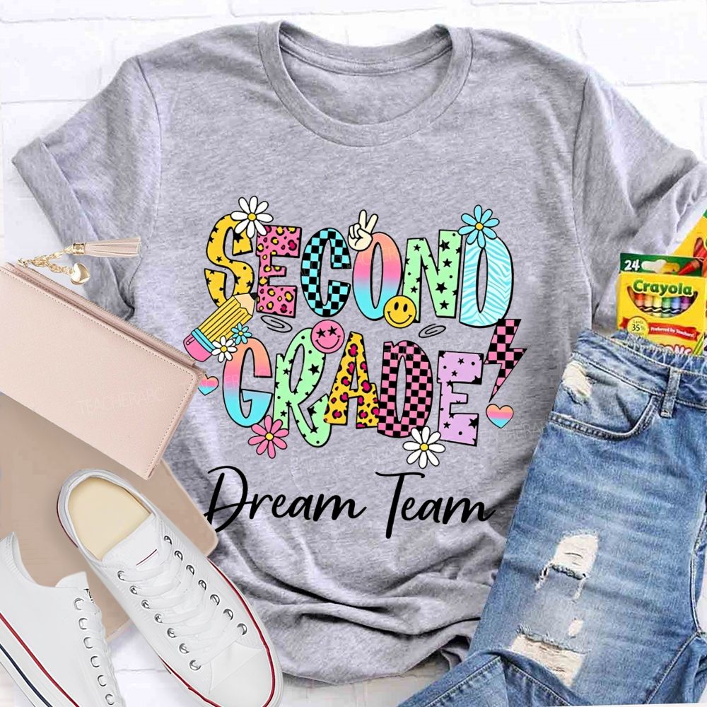 Personalized Grade Dream Team Daisy Smiley Face Second Grade Teacher T-shirt