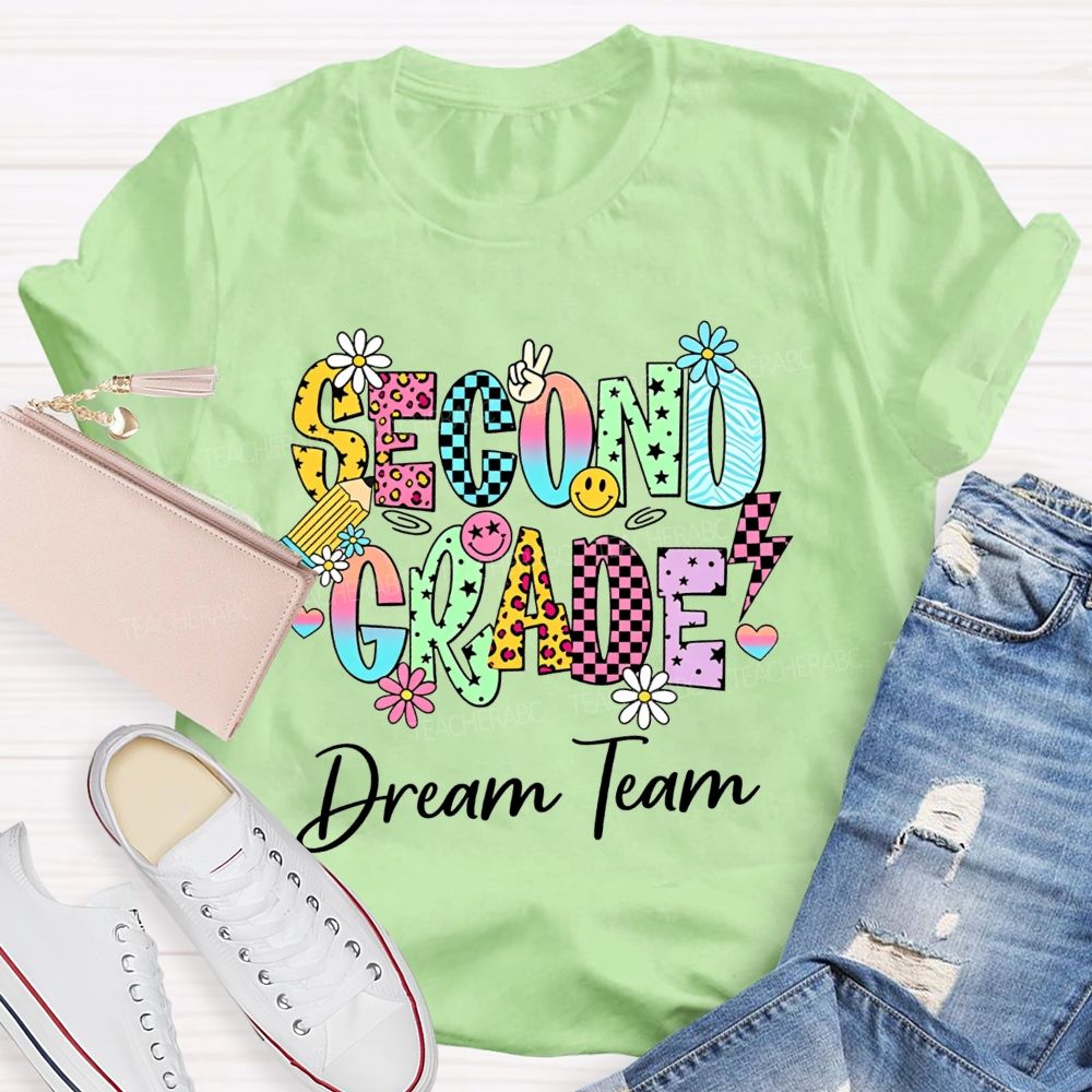 Personalized Grade Dream Team Daisy Smiley Face Second Grade Teacher T-shirt