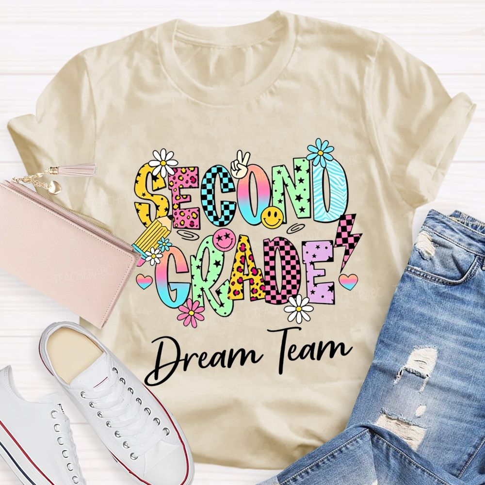 Personalized Grade Dream Team Daisy Smiley Face Second Grade Teacher T-shirt