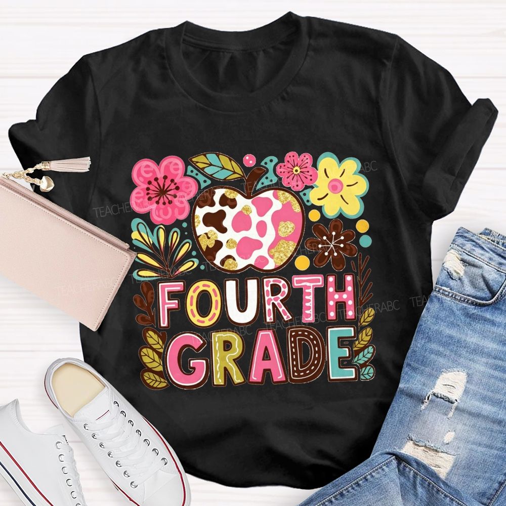 Personalized Grade Cow Print Apple Floral Fourth Grade Colorful Letter Teacher T-shirt