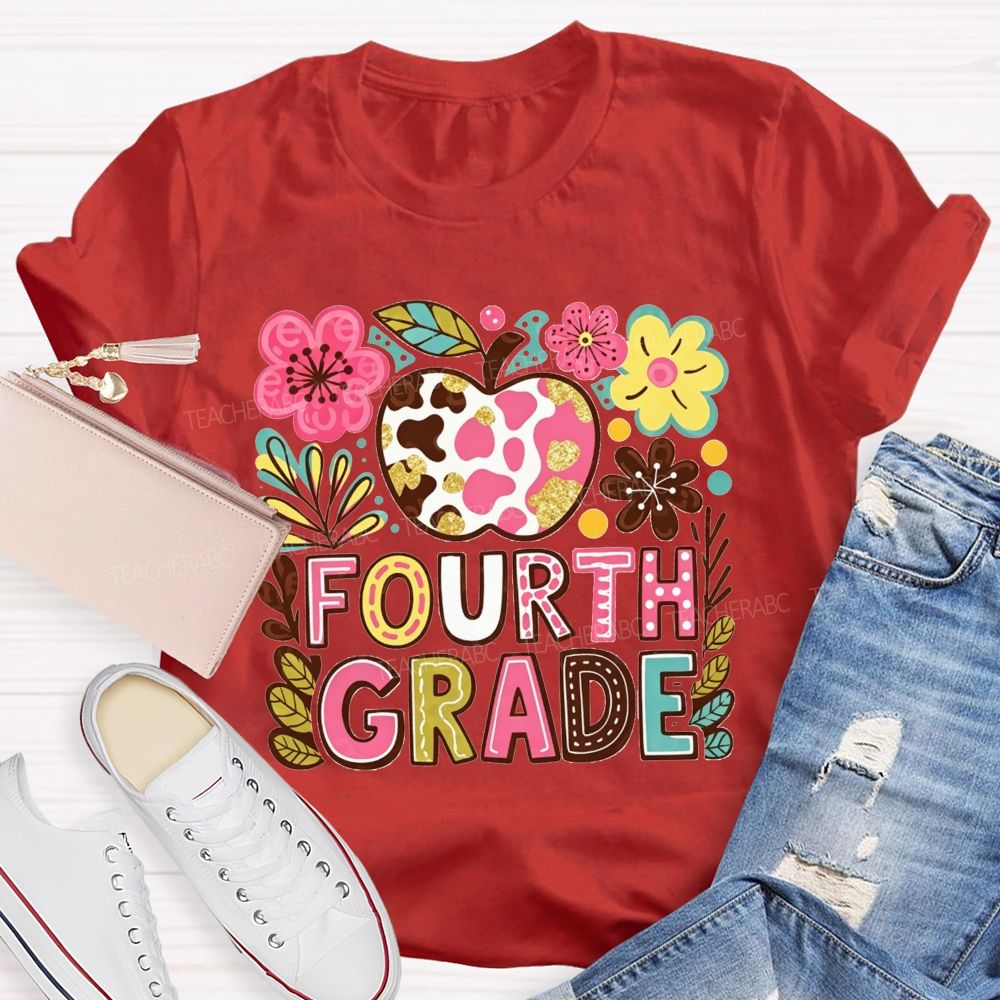 Personalized Grade Cow Print Apple Floral Fourth Grade Colorful Letter Teacher T-shirt