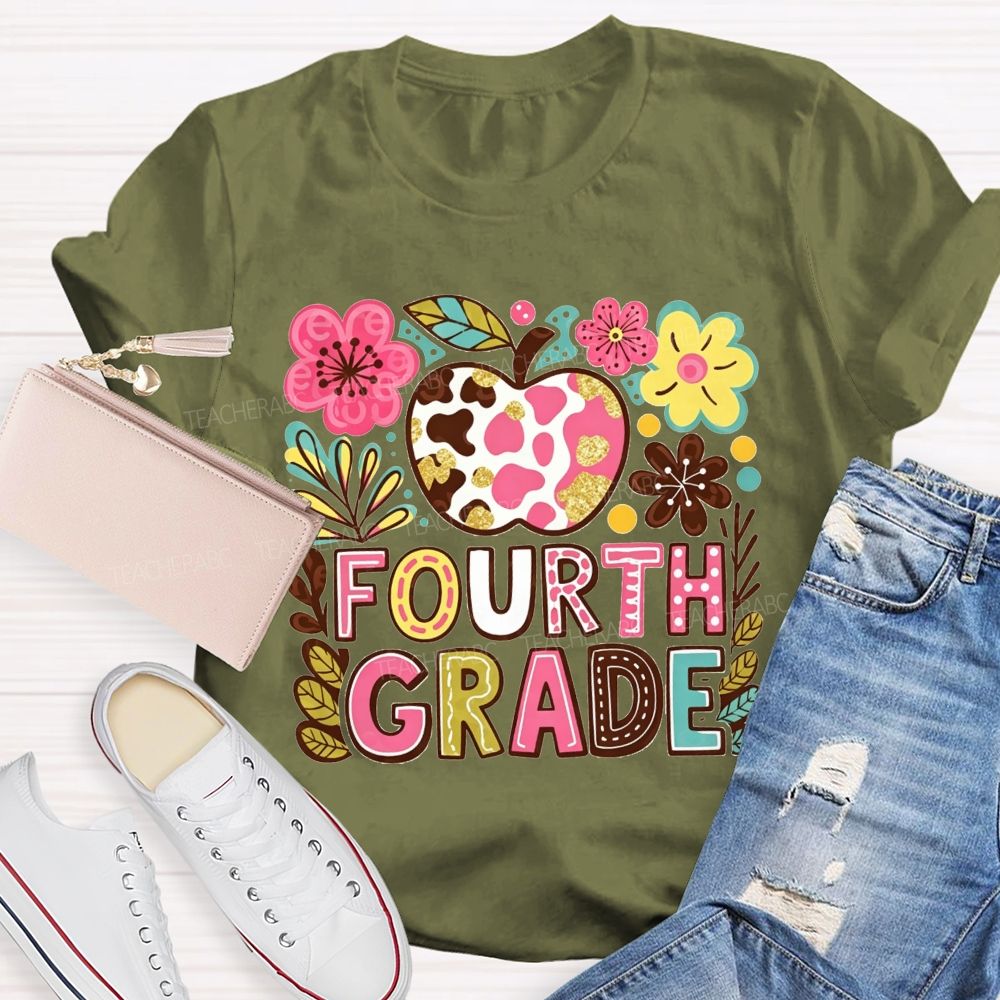 Personalized Grade Cow Print Apple Floral Fourth Grade Colorful Letter Teacher T-shirt