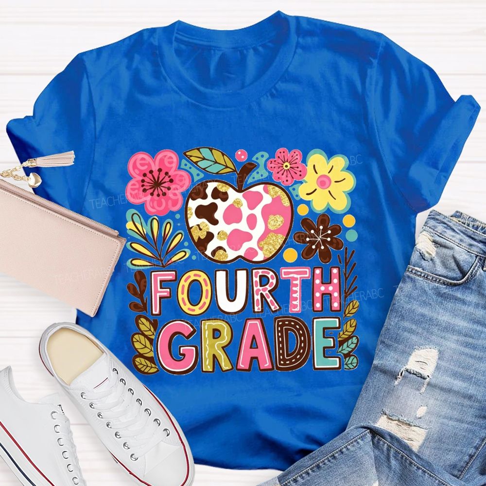 Personalized Grade Cow Print Apple Floral Fourth Grade Colorful Letter Teacher T-shirt