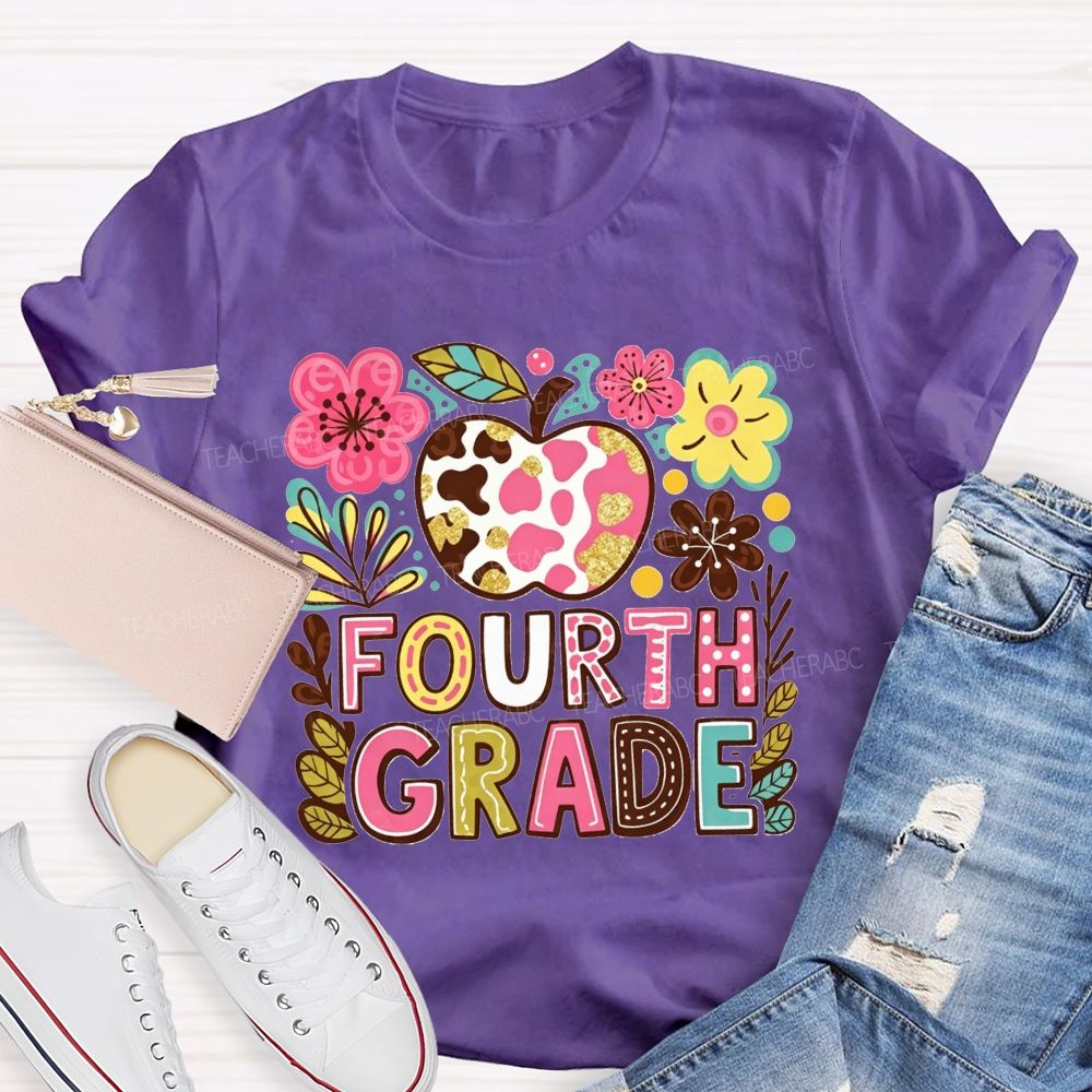 Personalized Grade Cow Print Apple Floral Fourth Grade Colorful Letter Teacher T-shirt