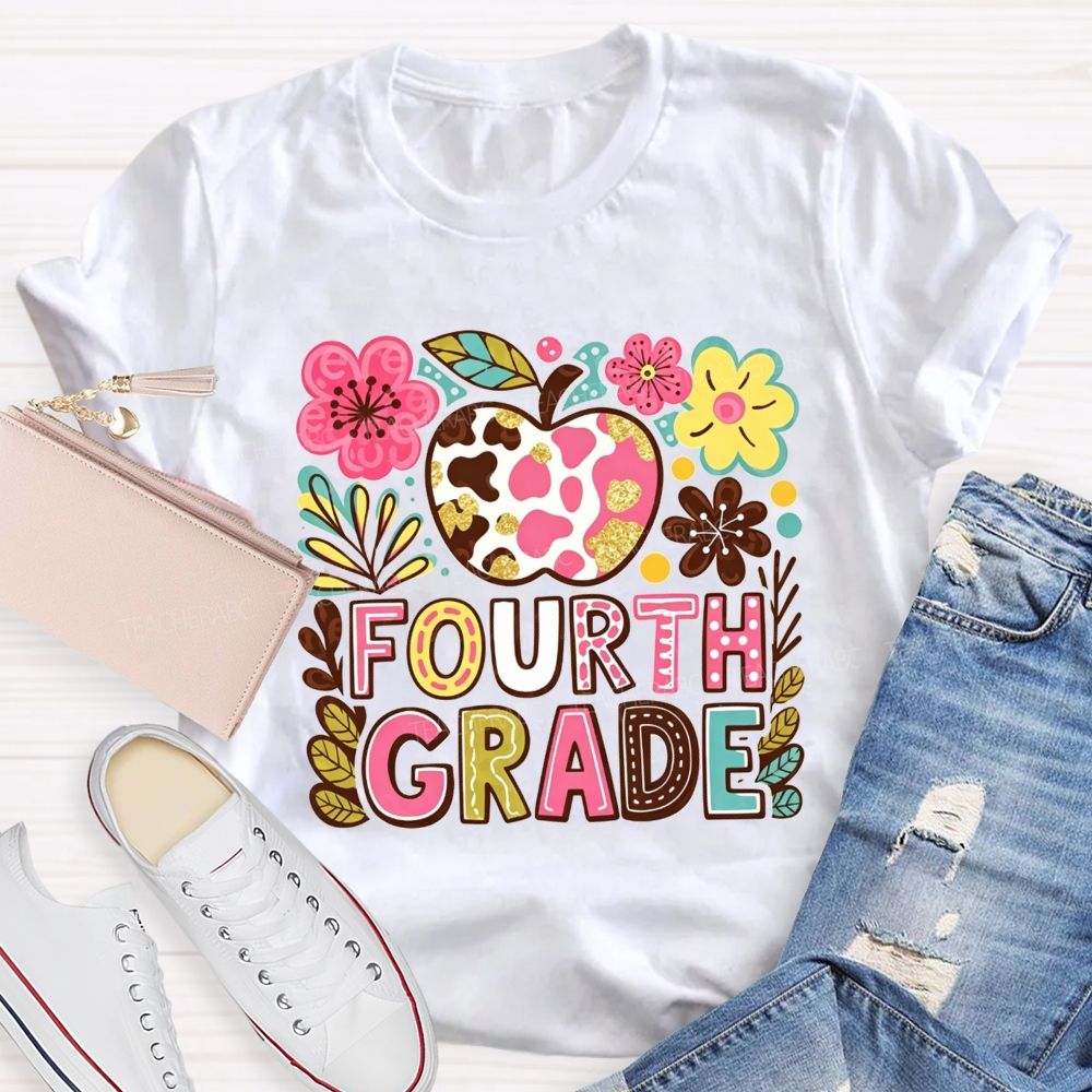 Personalized Grade Cow Print Apple Floral Fourth Grade Colorful Letter Teacher T-shirt