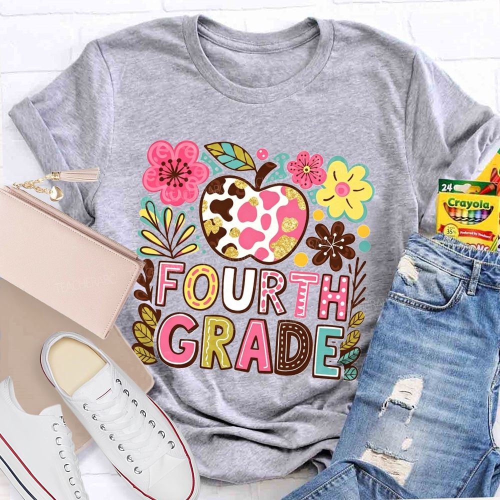Personalized Grade Cow Print Apple Floral Fourth Grade Colorful Letter Teacher T-shirt