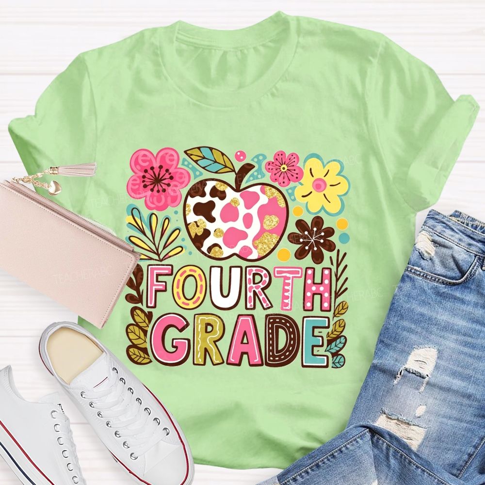 Personalized Grade Cow Print Apple Floral Fourth Grade Colorful Letter Teacher T-shirt