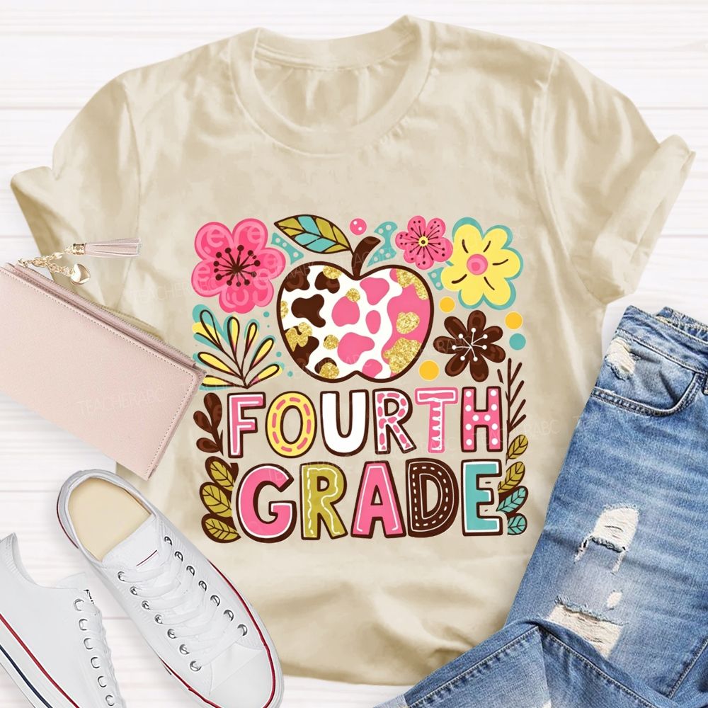 Personalized Grade Cow Print Apple Floral Fourth Grade Colorful Letter Teacher T-shirt