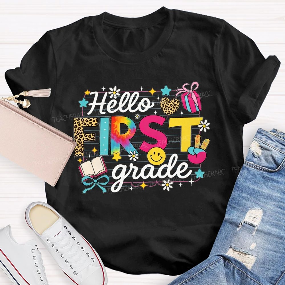 Personalized Grade Hello First Grade Tie Dye Leopard Daisy Notebook Paper Teacher T-shirt