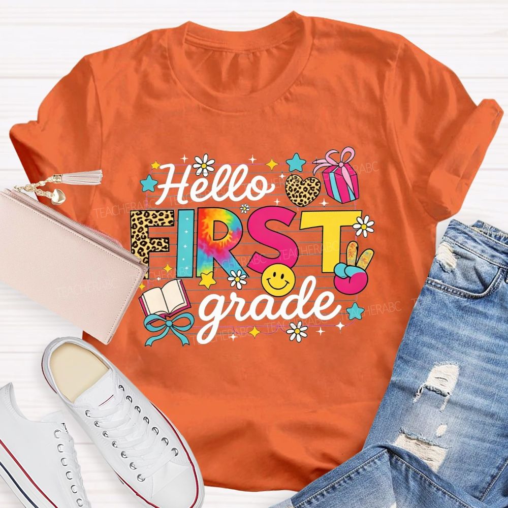 Personalized Grade Hello First Grade Tie Dye Leopard Daisy Notebook Paper Teacher T-shirt