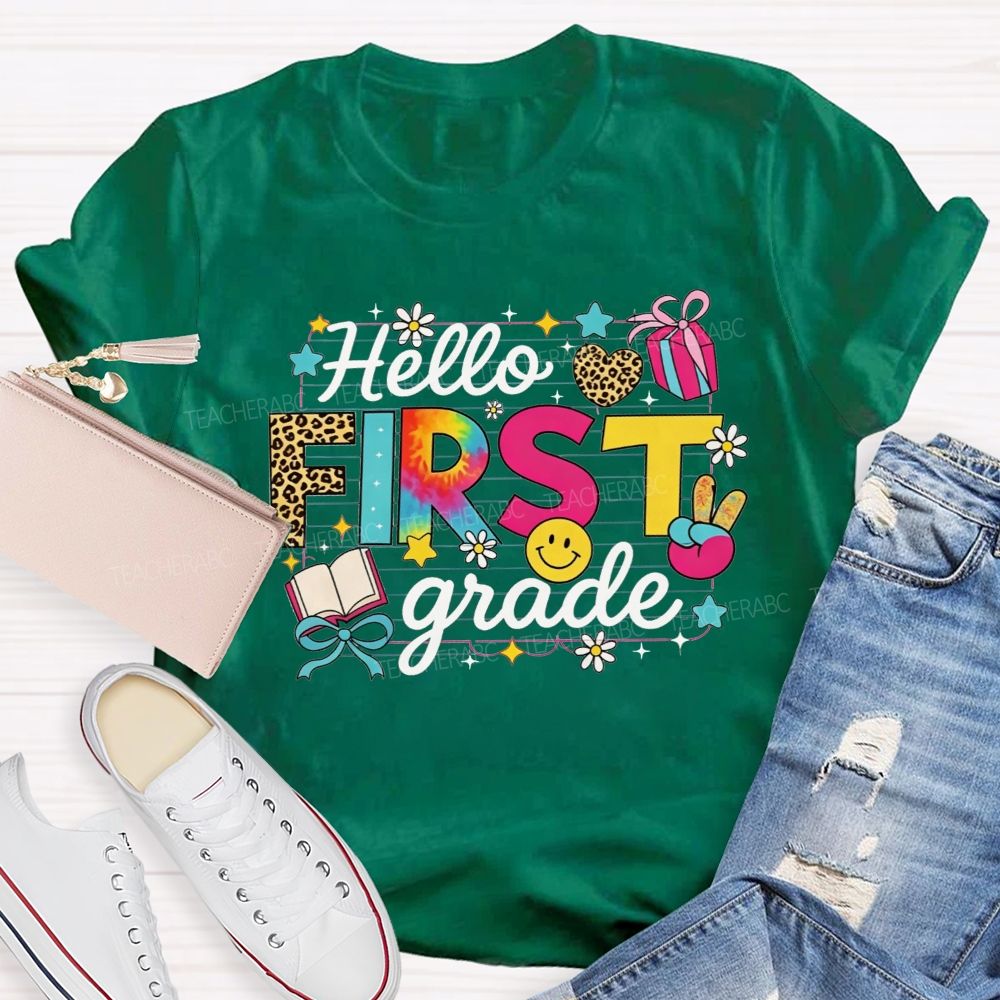 Personalized Grade Hello First Grade Tie Dye Leopard Daisy Notebook Paper Teacher T-shirt