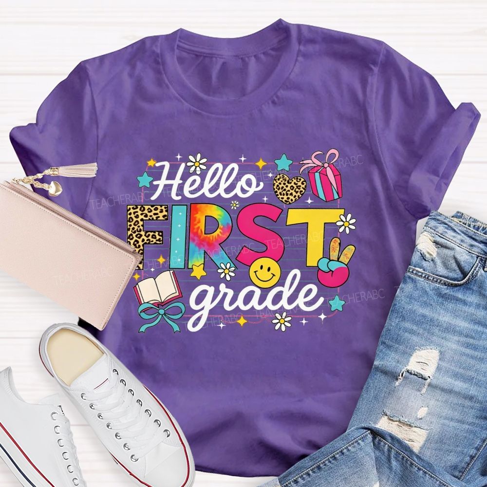 Personalized Grade Hello First Grade Tie Dye Leopard Daisy Notebook Paper Teacher T-shirt
