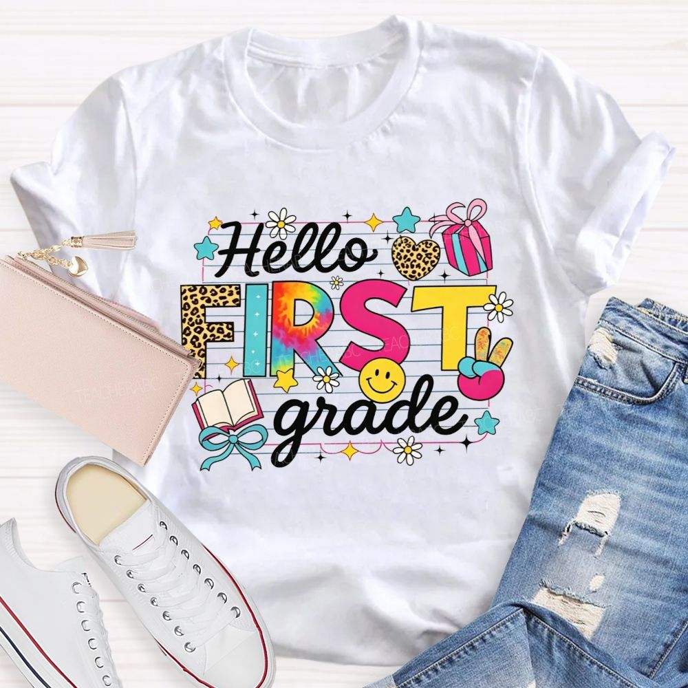 Personalized Grade Hello First Grade Tie Dye Leopard Daisy Notebook Paper Teacher T-shirt