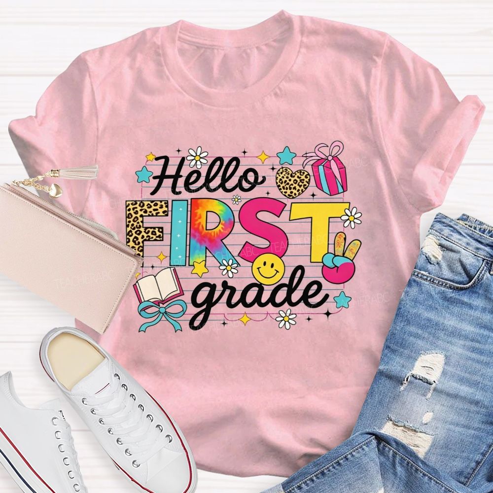 Personalized Grade Hello First Grade Tie Dye Leopard Daisy Notebook Paper Teacher T-shirt