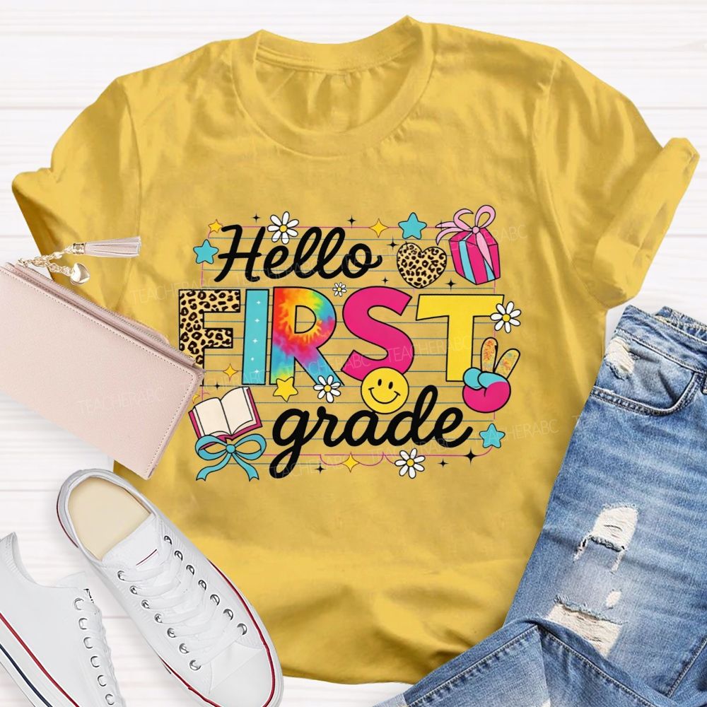 Personalized Grade Hello First Grade Tie Dye Leopard Daisy Notebook Paper Teacher T-shirt