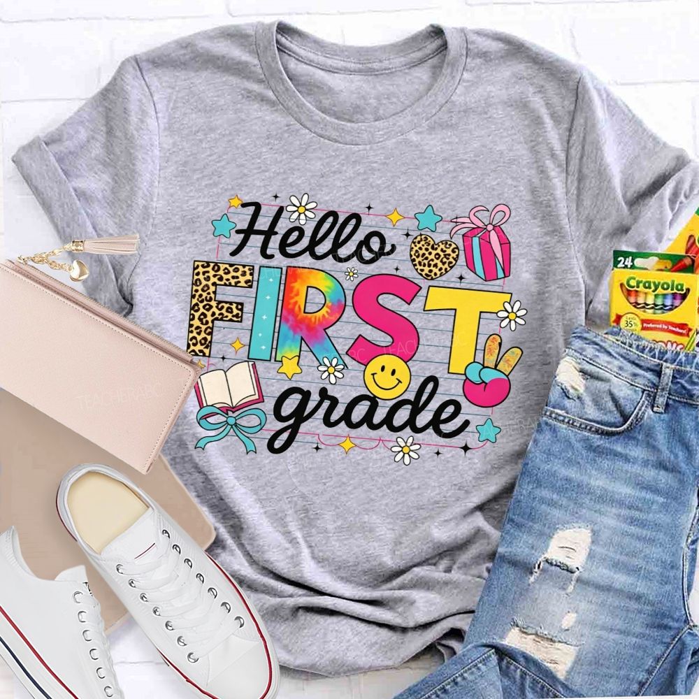 Personalized Grade Hello First Grade Tie Dye Leopard Daisy Notebook Paper Teacher T-shirt