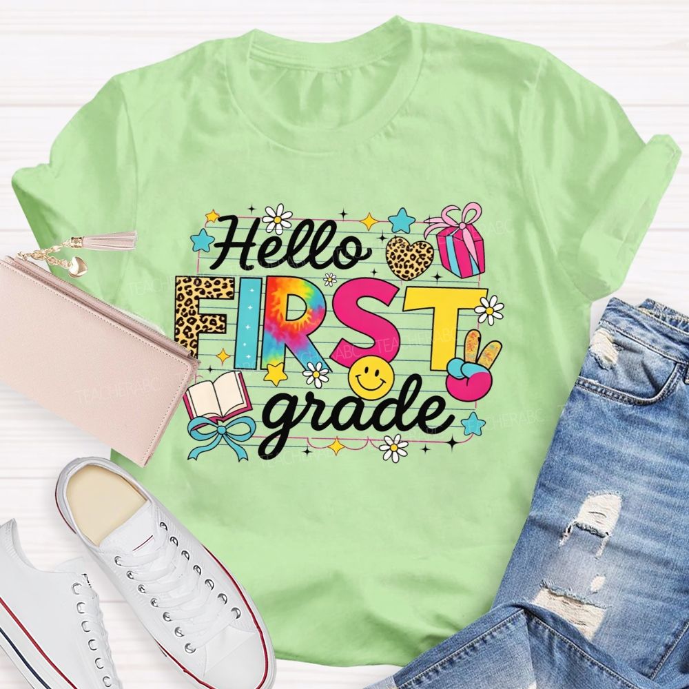 Personalized Grade Hello First Grade Tie Dye Leopard Daisy Notebook Paper Teacher T-shirt