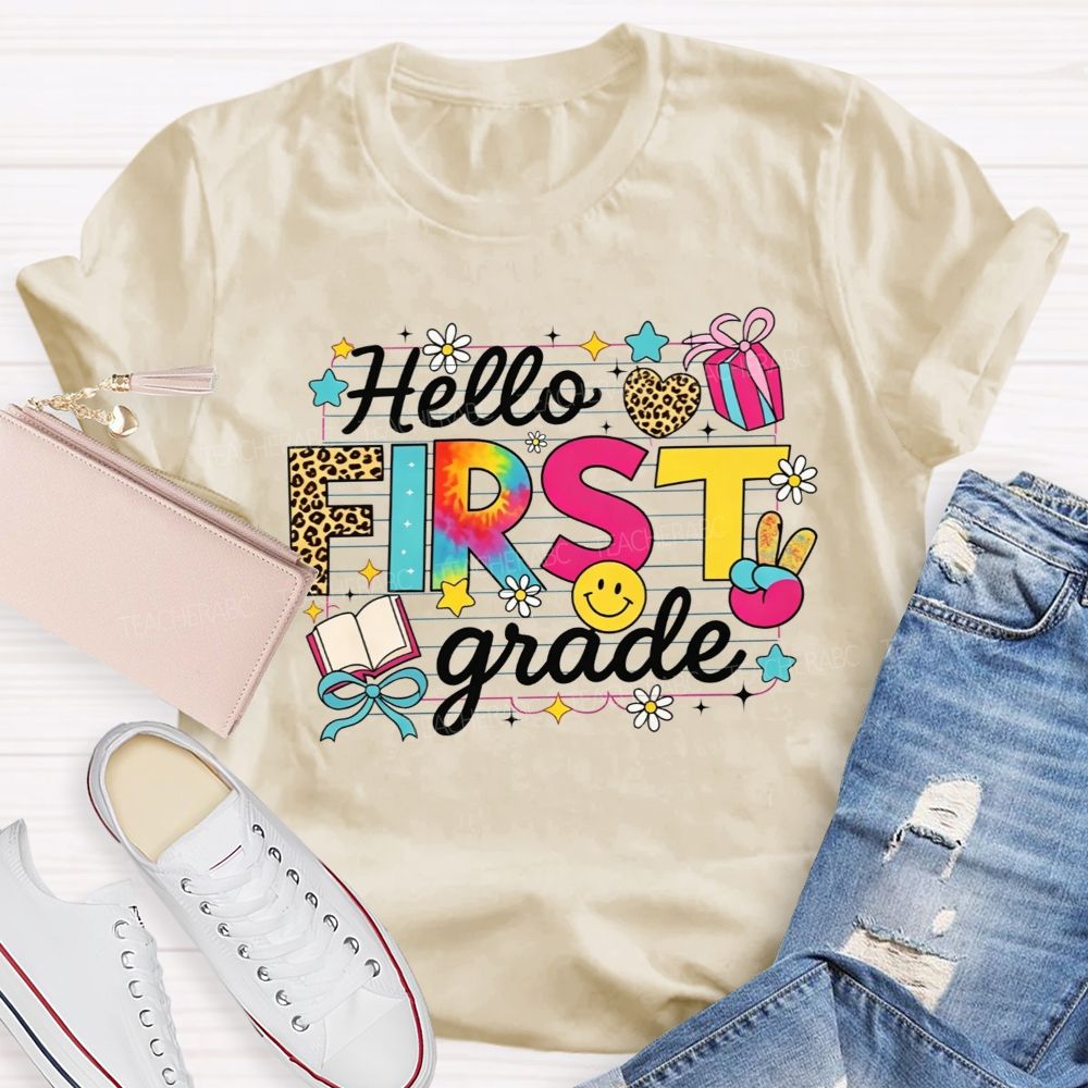 Personalized Grade Hello First Grade Tie Dye Leopard Daisy Notebook Paper Teacher T-shirt